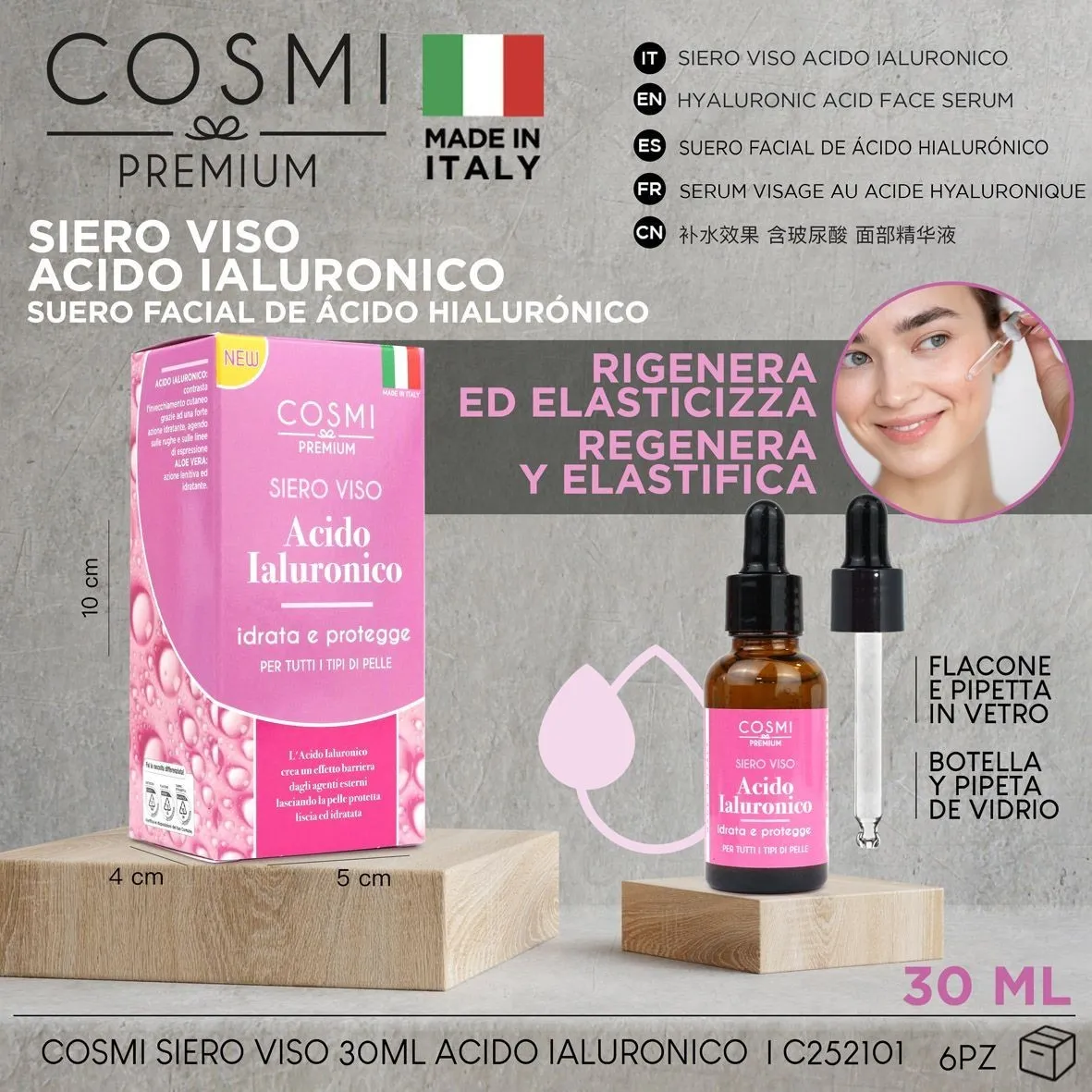 SERUM VISAGE A L'ACIDE HYALURONIQUE HYDRATE ET PROTEGE COSMI PREMIUM 30ML